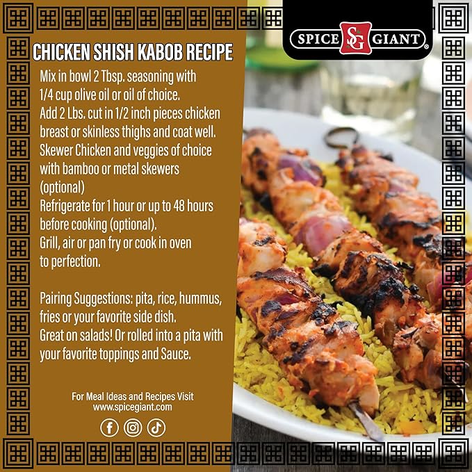 Chicken Shish Kabob Seasoning 5 oz | Chicken Shish Kabob Spice Blend | All Purpose, All Natural, Authentic Mediterranean Blend, Middle Eastern. Spice Giant