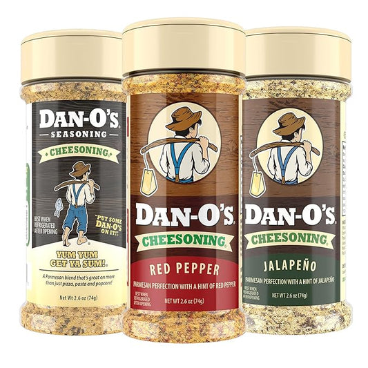 Dan-O's 3 Bottle Cheesoning Seasoning Set, Small Bottles, 3 Pack, Includes Red Pepper, Jalapeño and Cheesoning Seasonings, Sugar Free, Zero Calorie, Use this Seasoning Kit in Pasta, Toppings or Sauce