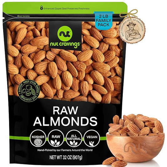 NUT CRAVINGS - Raw Whole Almonds, Unsalted, Shelled, (32oz - 2 LB) Bulk Nuts Packed Fresh in Resealable Bag - Kosher Healthy Snack, Food Assortments Ideal for Trail Mixed Nuts