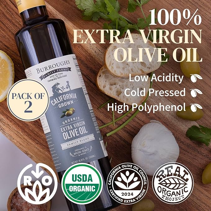 Burroughs Family Farms Premium Organic Extra Virgin Olive Oil ??Cold-Pressed California EVOO, Polyphenol Rich Family Blend ??Regenerative Organic & USDA Certified, Non-GMO, Gluten-Free ??500ml (16.9 fl oz) 2 Glass Bottle