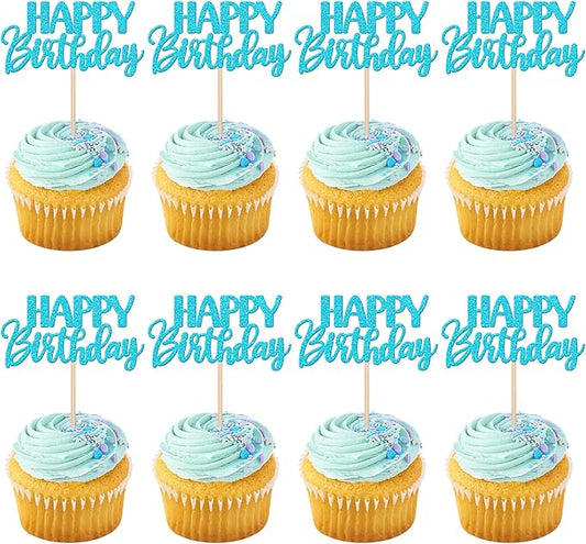 30 PCS Happy Birthday Cupcake Toppers Glitter Happy Birthday Cupcake Picks for Celebrating Birthday Anniversary Theme Party Cake Decorations Supplies Lake Blue