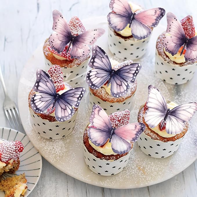 Rsstarxi 60 Pack Edible Butterfly Cupcake Toppers, Edible Butterfly Cake Decorations Butterfly Birthday Party Decorations for Baby Shower Wedding Anniversary Birthday Party Decorations Supplies Purple
