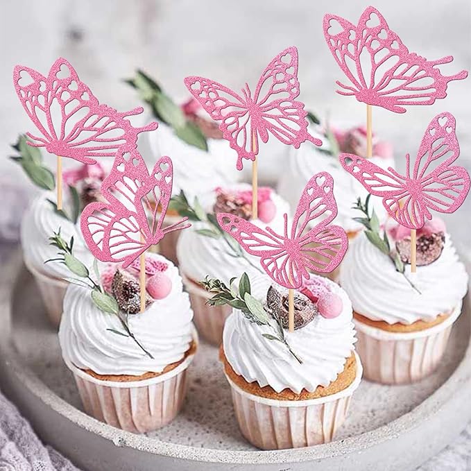 Rsstarxi 24 Pack Pink Glitter Butterfly Cupcake Toppers Glitter Assembled Hollow Butterfly Baby Shower Cupcake Picks Wedding Engagement Bridal Shower Kids Birthday Party Cake Decorations