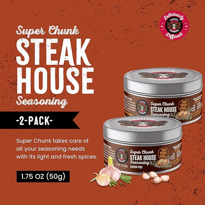 Sauce Goddess - Super Chunk Steakhouse Seasoning (2 Tin Cans) - No Sugar, Additives, Vegan, Gluten-Free, Perfect for Meat, Chops & More - 1.75g Each