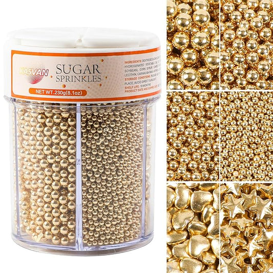 Kasvan Gold Pearl Sugar Sprinkles, 6 Sizes Mix for Cake Decorating, 230g/8.1oz, Ice Cream Toppings and Cookie Decorating, Wedding Party Chirstmas Supplies (Gold)