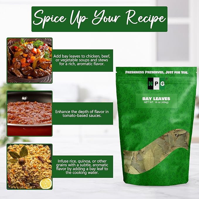NPG Whole Bay Leaves 16 Oz, Dried Laurel Leaf, Aromatic Spice Herbs for Cooking Stew, Soup, Sauces, Seafood, Meat, and Vegetable Dishes