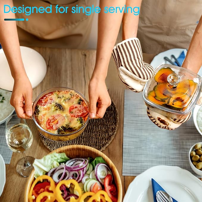 NUTRIUPS Mini Glass Casserole Dish Set with Lid Oven Safe Casserole Dish Set 2 Pack (5.9in Square+6in Round), 25oz Glass Microwave Bowl With Lid Microwavable Cookware