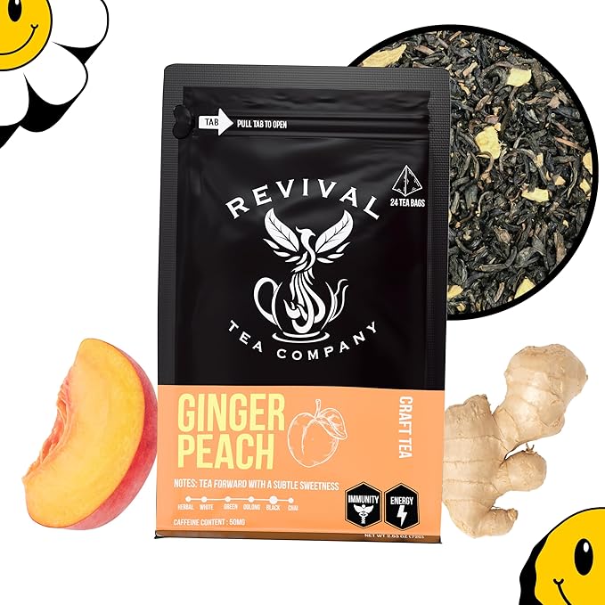 Revival Tea Company Ginger Peach Tea - Black Tea Blend with Ginger Spice and Peach Pieces - Loose Leaf 6 Ounces