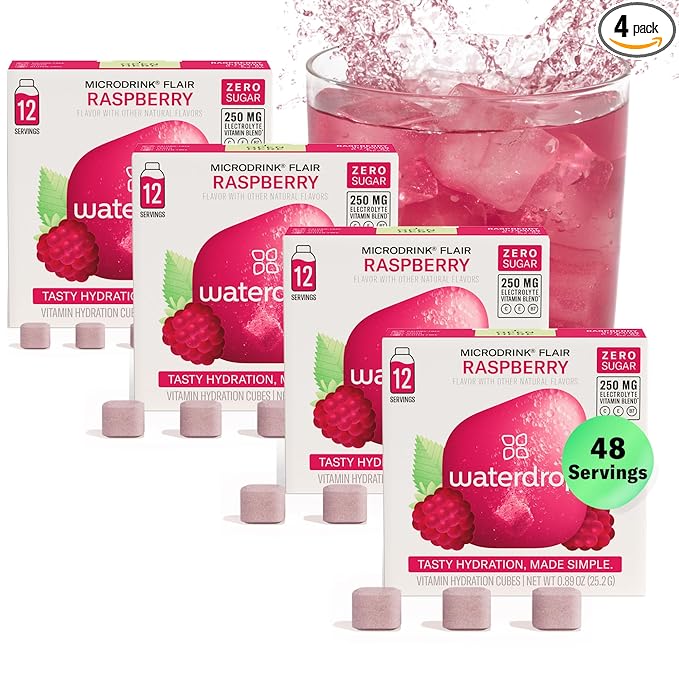 Waterdrop Hydration Cubes, Raspberry, Vitamin C, E & Potassium, On The Go Water Enhancer Drops for Still & Sparkling Water, Low Calorie, Zero Sugar, Gluten Free, Non GMO, Vegan, 48 CT