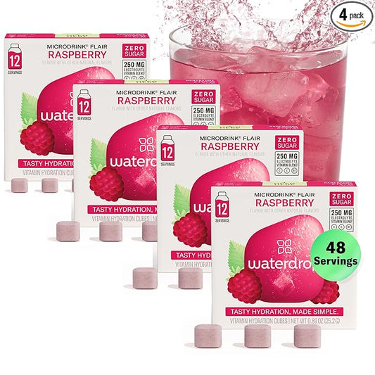 Waterdrop Hydration Cubes, Raspberry, Vitamin C, E & Potassium, On The Go Water Enhancer Drops for Still & Sparkling Water, Low Calorie, Zero Sugar, Gluten Free, Non GMO, Vegan, 48 CT