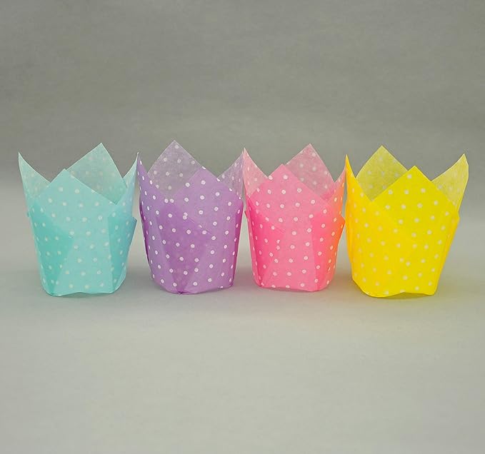 Large Muffin Greaseproof paper Baking cupcake cups, 2-1/4" x 4" Blue,Yellow,Pink,Purple printed with Polka Dot(each colour about 32 pcs, total 125 pcs) Tulip Baking Cup(Large) (125, Multi)