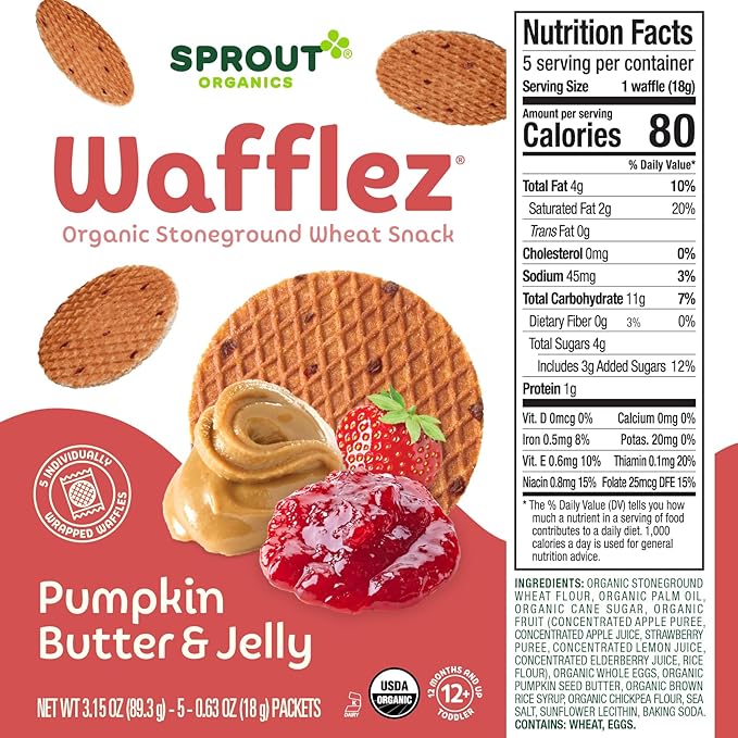 Sprout Organic Baby Food, Stage 4 Toddler Snacks, Pumpkin Butter & Jelly Wafflez, Single Serve Waffles (50 Count),5 Count (Pack of 10)