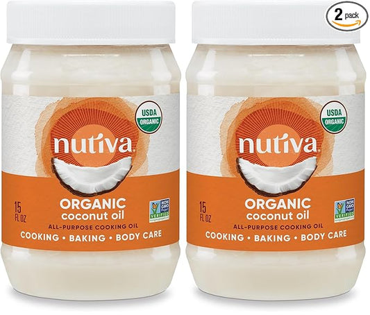 Nutiva Organic Steam-Refined Coconut Oil, 15 Fluid Ounce, USDA Organic, Non-GMO, Vegan, Keto, Paleo, Neutral Flavor and Aroma for Cooking & Natural Moisturizer for Skin and Hair (Pack of 2)