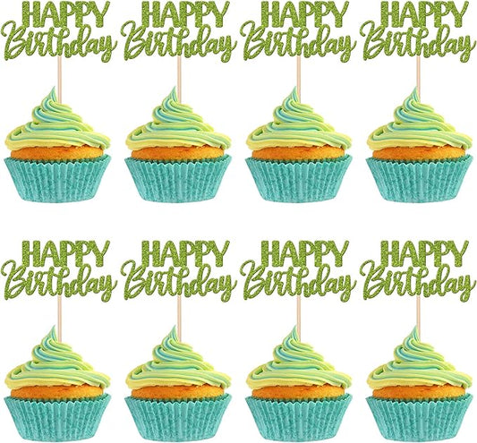 30 PCS Happy Birthday Cupcake Toppers Glitter Happy Birthday Cupcake Picks for Celebrating Birthday Anniversary Theme Party Cake Decorations Supplies Green