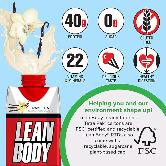 Lean Body Ready-to-Drink Vanilla Protein Shake, 40g Protein, Whey Blend, 0 Sugar, Gluten Free, 22
