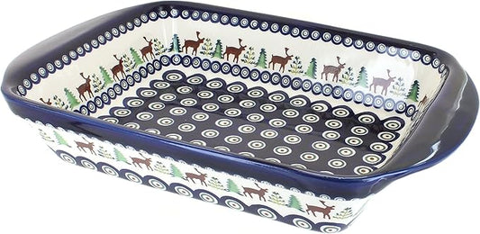 Blue Rose Polish Pottery - Blue Reindeer Pine Large Rectangular Baker with Handles - 9" x 6.5" - Unique, Dishwasher Safe, & Durable Bakeware