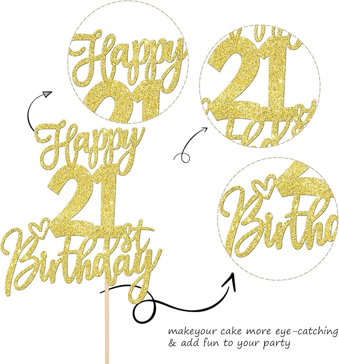 1 PCS Happy 21st Birthday Cake Topper Glitter Cheers to 21 Years Birthday Cake Pick Twenty One 21 Fabulous Cake Decoration for Happy 21st Birthday Anniversary Party Decorations Supplies Gold