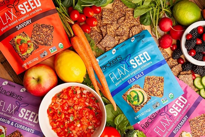 Flackers Organic Flax Seed Crackers Variety Pack, Sea Salt, Rosemary, Savory and Cinnamon, Gluten Free, Non-GMO, Vegan, Low Carb snacking, Pack of 4