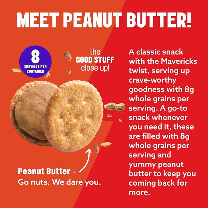 Mavericks Sandwich Crackers Peanut Butter - Plant-Based Peanut Butter Sandwich Snack Crackers, Whole Grain, Non-GMO - Back to School - 7 oz Boxes (Pack of 4)