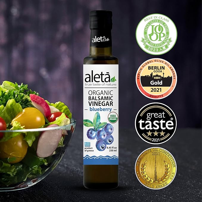 Aleta Farms Balsamic Vinegar, Greek Organic Blueberry Infused Aged Balsamic Vinegar, USDA Organic, Perfect for Salad Dressings, Pasta, Desserts & Cocktails, Glass Bottle, 8.45 fl oz (Blueberry)