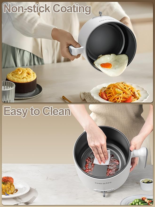 Dezin Hot Pot Electric with Steamer, 1.8L Ramen Cooker Dual Power, Portable Non-Stick Electric Pot for Soup, Pasta, Egg, Oatmeal, Overheat & Boil-Dry Protection, Ideal for Dorm, Office