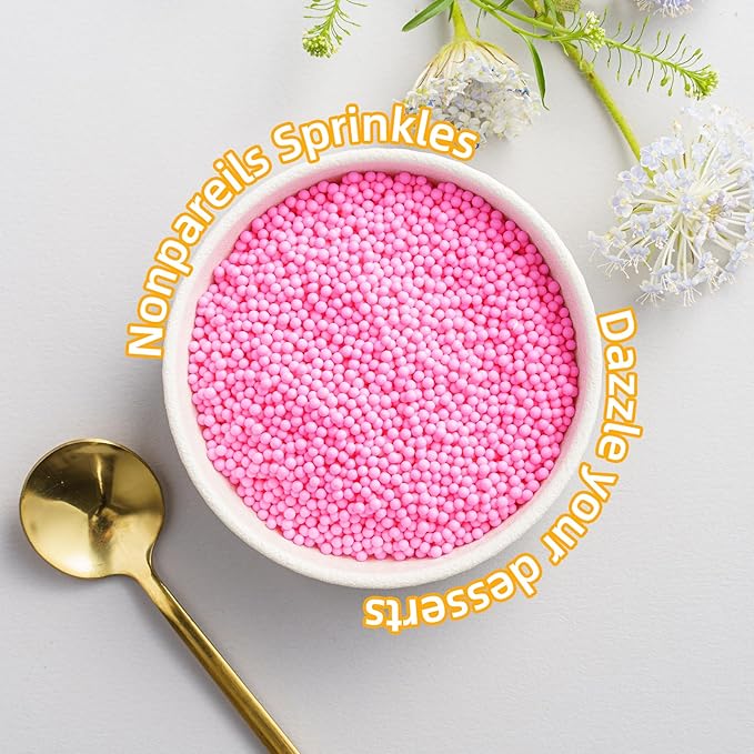 Pink Nonpareils Sprinkles, Sujoygar 4oz Edible Cake Sprinkles for Ice Cream Toppings Cupcake Chocolate Decoration, Wedding Party Cookies Baking Dessert Food Supplies
