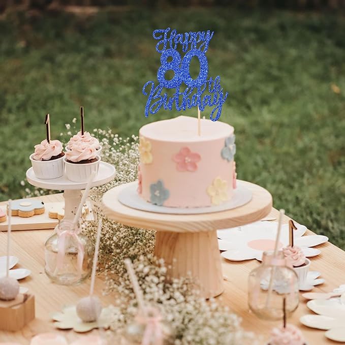 1 PCS Happy 80th Birthday Cake Topper Glitter Cheers to 80 Years Birthday Cake Pick Eighty Hello 80 Fabulous Cake Decoration for Happy 80th Birthday Anniversary Party Decorations Supplies Blue