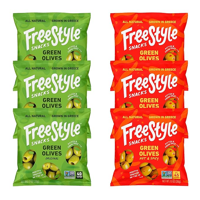 Freestyle Snacks Olive Snack Packs - Single Serve - Fresh Pitted Green Olives, Jumbo-Sized, Grown in Greece, All Natural, Non-GMO, Paleo, Sugar-Free, Keto, Salty Snack - Variety, 1.1oz (6 Pack)