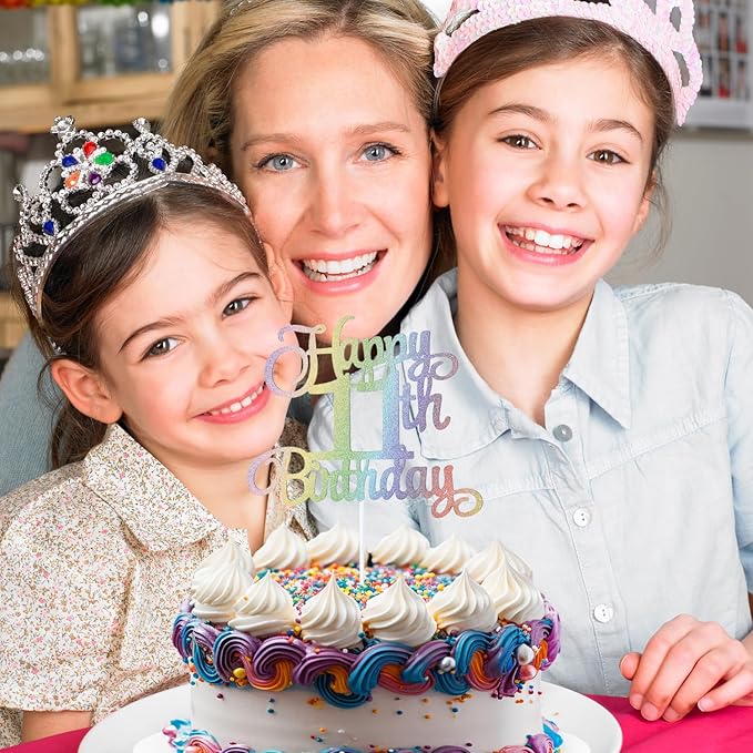 11th Happy Birthday Cake Topper, Glitter Happy 11th Birthday Cake Topper for Birthday Party Cake Decoration(Rainbow Color)