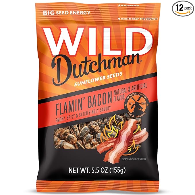 Wild Dutchman, Roasted Sunflower Seeds, Mouth Friendly Recipe for All Day Snacking, Flamin Bacon, 5.5 oz (Pack of 12)