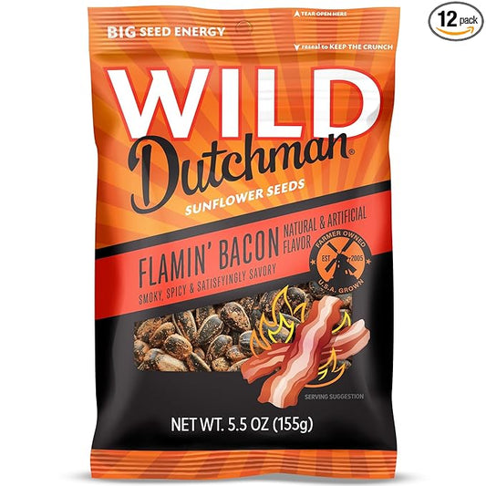 Wild Dutchman, Roasted Sunflower Seeds, Mouth Friendly Recipe for All Day Snacking, Flamin Bacon, 5.5 oz (Pack of 12)