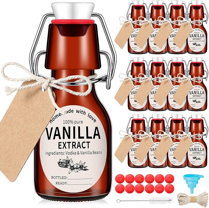 Vesici 12 Sets Swing Top Glass Bottles Set Amber Homemade Vanilla Extract Bottles with Stoppers Stickers Caps Jar Brush Funnel Rope Labels Vanilla Extract Jars for Holiday DIY Crafts (2 oz)