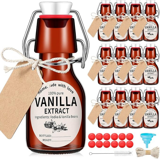 Vesici 12 Sets Swing Top Glass Bottles Set Amber Homemade Vanilla Extract Bottles with Stoppers Stickers Caps Jar Brush Funnel Rope Labels Vanilla Extract Jars for Holiday DIY Crafts (2 oz)