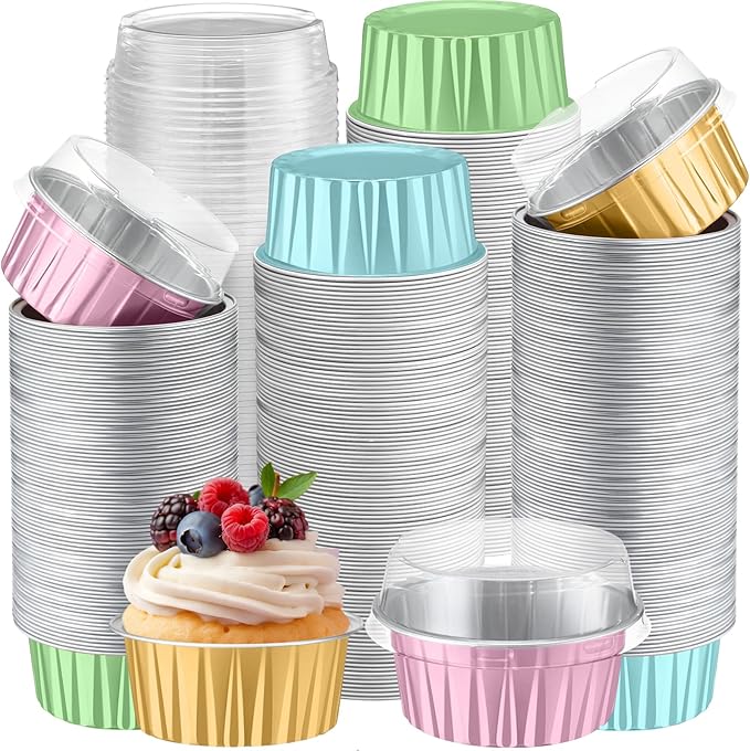 Gejoy 400 Pcs Aluminum Foil Baking Cups with Lids 5 oz Disposable Ramekins Mini Cake Pans Creme Brulee Cupcake Liners Muffin Tins Flan Mold Dessert Container for Wedding(Pastel Color,Classic)