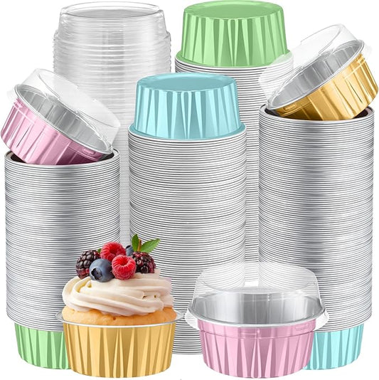 Gejoy 400 Pcs Aluminum Foil Baking Cups with Lids 5 oz Disposable Ramekins Mini Cake Pans Creme Brulee Cupcake Liners Muffin Tins Flan Mold Dessert Container for Wedding(Pastel Color,Classic)