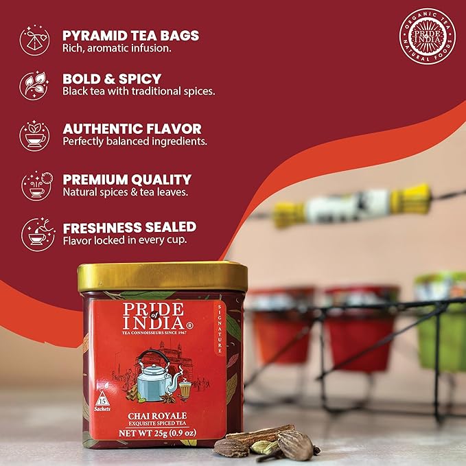 Pride of India | Chai Royale Exquisite Spiced Tea 1 oz (28.3 gm) | 15 Pyramid Full Leaf Individually Wrapped Tea Bags | 100% Natural Blend of Black Tea & Spices |Bold & Spicy Flavor