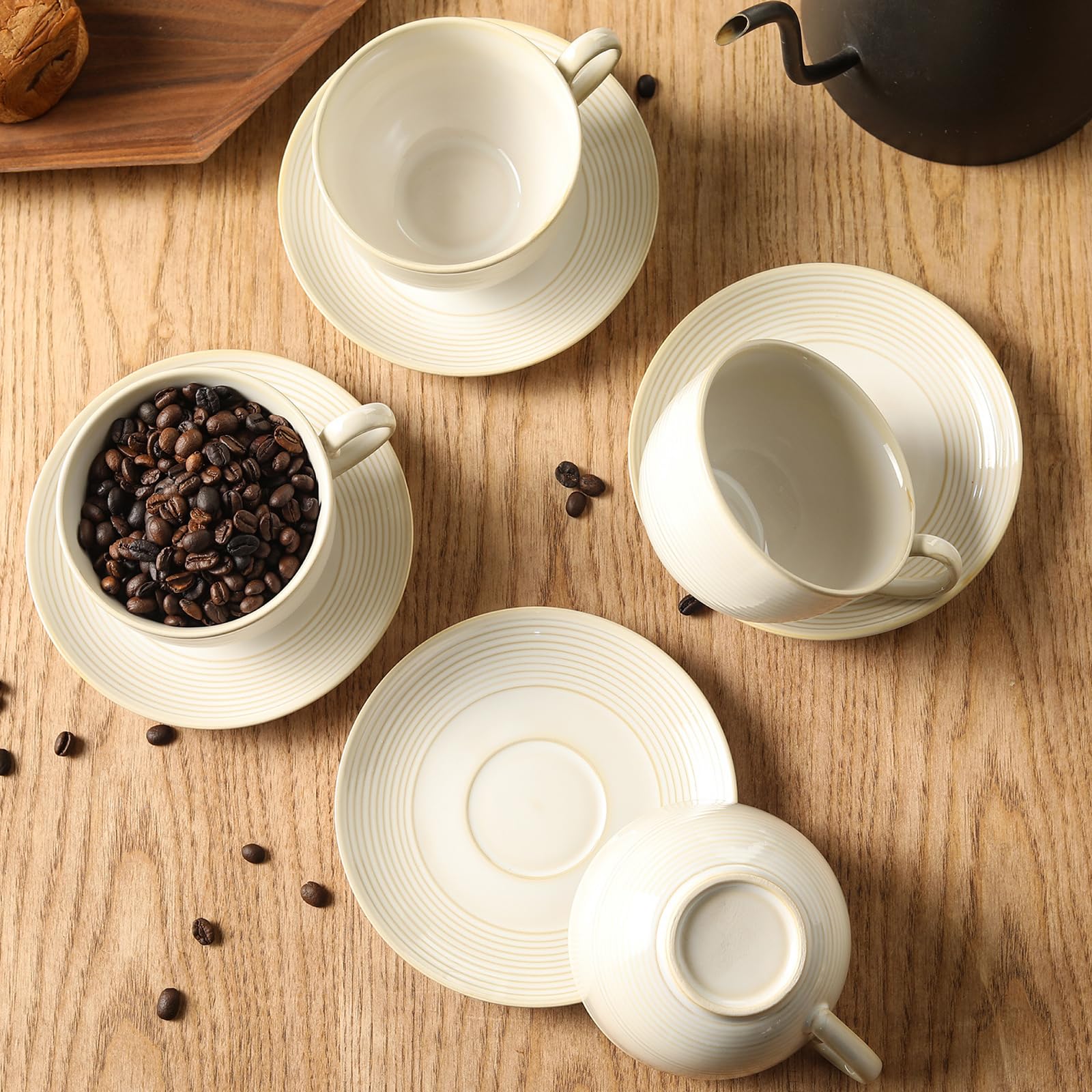 Feenmai 12Oz Coffee Cups with Saucers, Ceramic Espresso Cup Set of 4, Cappuccino Cups Set, Tea Mugs
