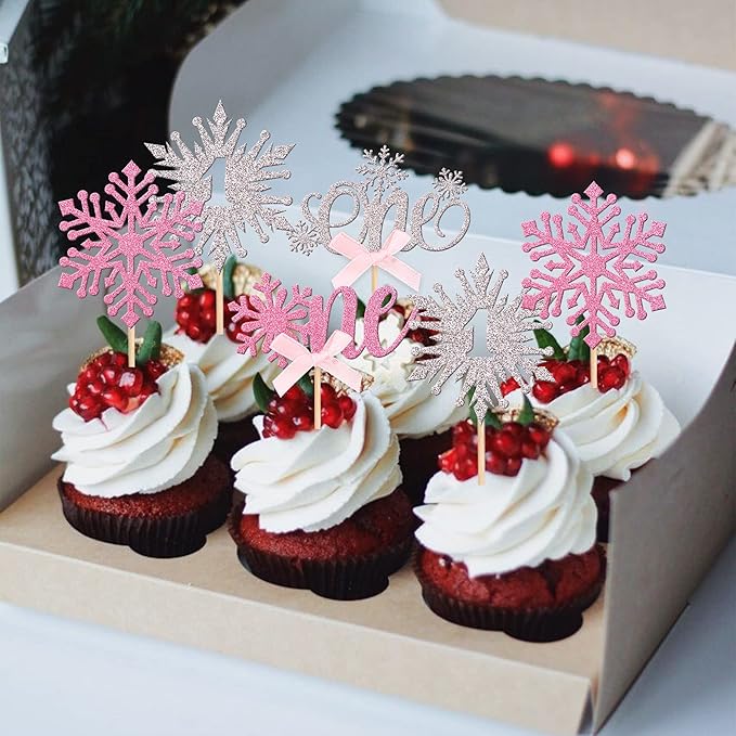 24 PCS Snowflake 1st Birthday Cupcake Toppers Glitter Bow First Birthday Snowflake One Cupcake Picks for Winter Onederland Theme Baby Shower 1st Birthday Party Cake Decorations Supplies Silver Pink