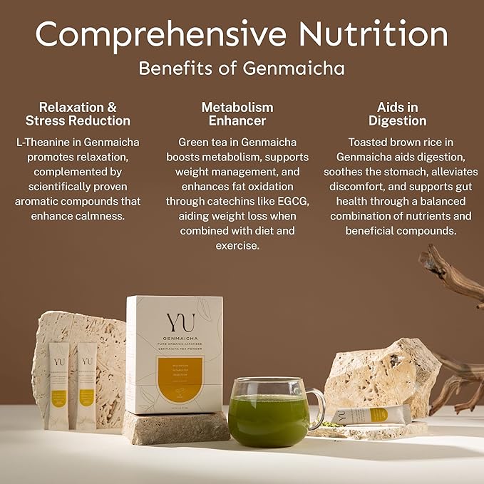 Yu Tea Organic Genmaicha Green Tea Powder | Japanese Green Tea & Roasted Brown Rice | Low Caffeine & Unsweetened | Relaxation, Antioxidants & Digestion | Resealable Pouch, 2.65 oz, 75 Servings