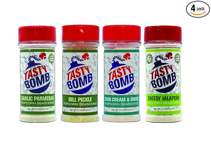 Tasty Bomb Popcorn Seasoning Pack, Keto Friendly, Gluten Free Popcorn Seasoning, Popcorn Seasonings Powder For Gifting, Pack of 4- Sour Cream & Onion, Garlic Parmesan, Dill Pickle, Cheesy Jalapeno
