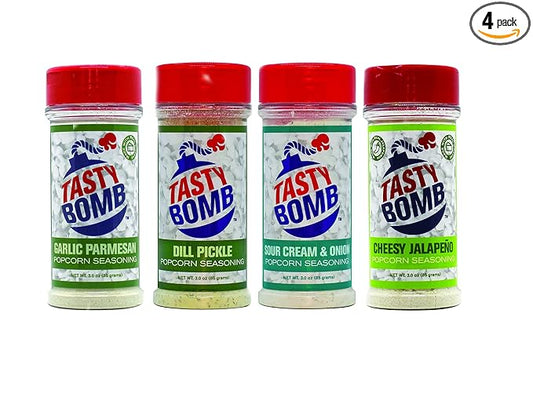Tasty Bomb Popcorn Seasoning Pack, Keto Friendly, Gluten Free Popcorn Seasoning, Popcorn Seasonings Powder For Gifting, Pack of 4- Sour Cream & Onion, Garlic Parmesan, Dill Pickle, Cheesy Jalapeno