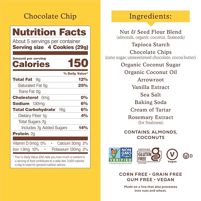 Simple Mills Almond Flour Crunchy Cookies, Chocolate Chip - Gluten Free, Vegan, Healthy Snacks, Made with Organic Coconut Oil, 5.5 oz (Pack of 3)