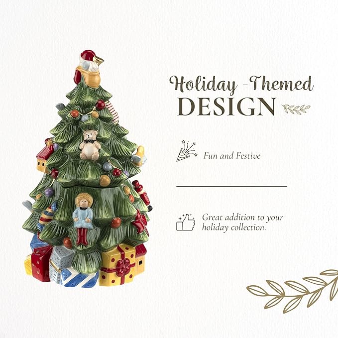Spode Figural Christmas Tree Cookie Jar - 12.25" Dolomite Holiday Jar with Lid - Festive Tree Decor, Candy Jar for Kitchen Counter, Seasonal Home Decor, Holiday Container