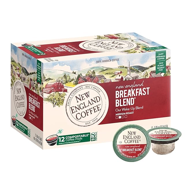 New England Coffee Breakfast Blend Medium Roast Single Serve Pods, 12ct Box (Pack of 1)