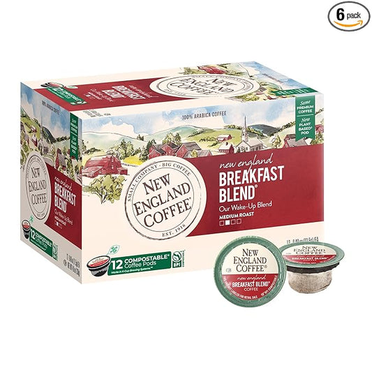 New England Coffee Breakfast Blend Medium Roast Single Serve Pods, 12ct Box (Pack of 6)