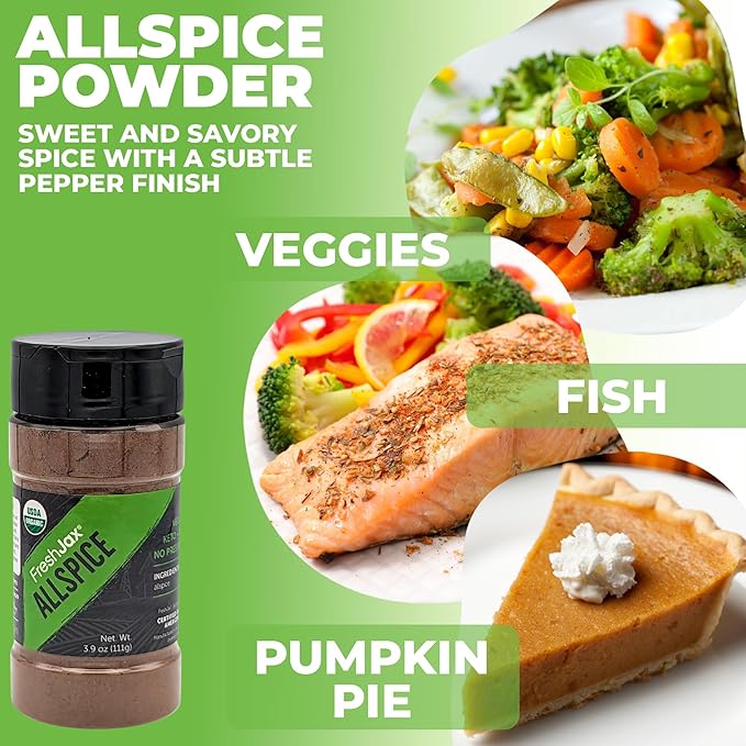 FreshJax Organic Ground Allspice Powder ??3.9 oz Large Bottle, Non-GMO, Gluten-Free, Keto, Paleo, No Preservatives ??Warm, Sweet Spice for Baking, Desserts, Meats & Caribbean Recipes