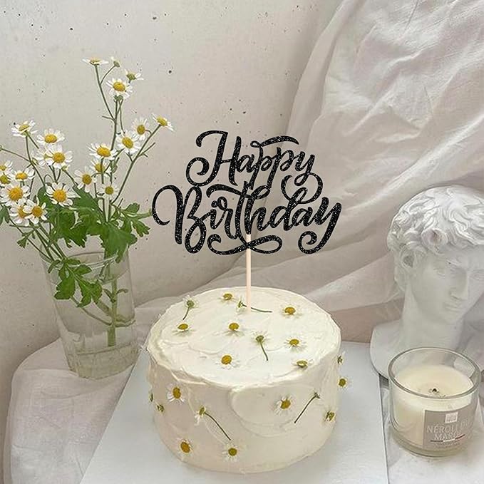 Rsstarxi 1 Pack Happy Birthday Cake Topper Glitter Men Women Birthday Cake Pick for Anniversary Celebration Party Decoration, Birthday Party Cake Decorations Supplies Black