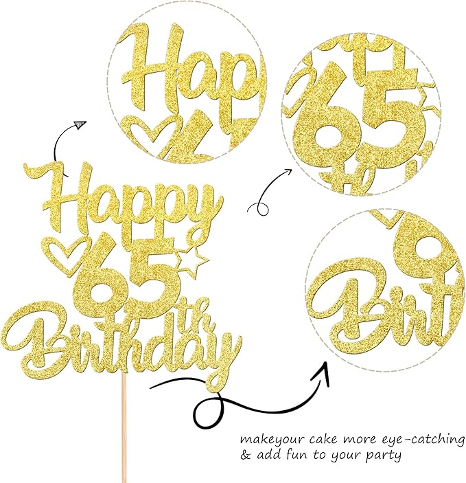 1 Pack Happy 65th Birthday Cake Topper Glitter Heart Star 65 Fabulous Cake Pick Birthday Sign Cake Decorations for Children 65th Birthday Theme Party Supplies Gold