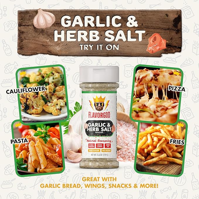 Garlic & Herb Salt Finisher by Flavor God - Premium All Natural & Healthy Spice & Seasoning Mix Blend for Chicken, Beef, Seafood & Vegetables - Kosher, Low Sodium, Dairy-Free, Vegan & Keto Friendly