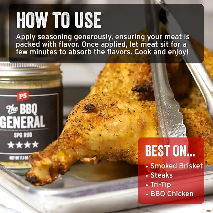 PS Seasoning The BBQ General - SPG Seasoning, All-Purpose BBQ Seasoning and Rubs for Smoking and Grilling - Classic SPG Spice Blend and Multi-Purpose Dry Rub for Steaks, Pork, Chicken, Beef Brisket